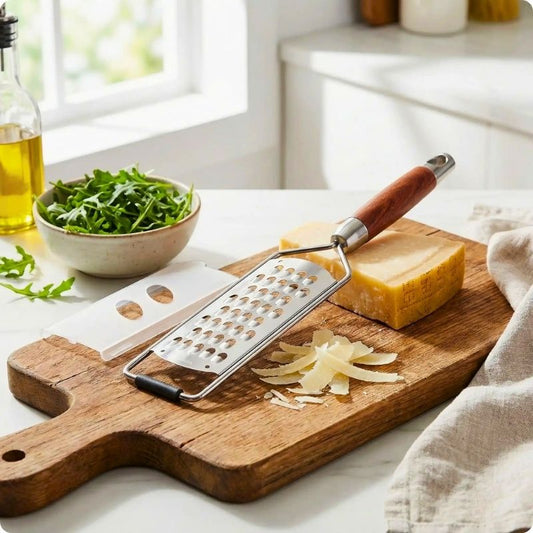 Râpe à fromage campagnarde posée sur une table à cheval sur un bout de fromage
