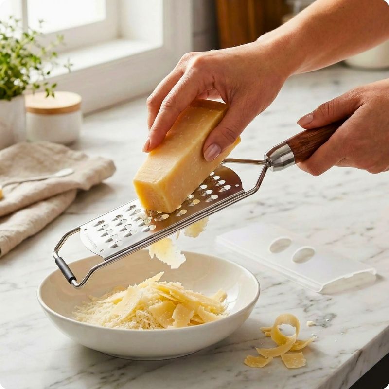 Râpe à fromage campagnarde utilisée pour râper du fromage