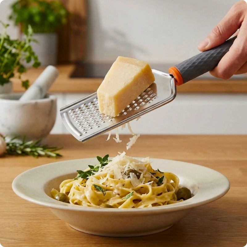 râpe à fromage tenue au dessus d'une assiette avec un morceau de fromage posé dessus