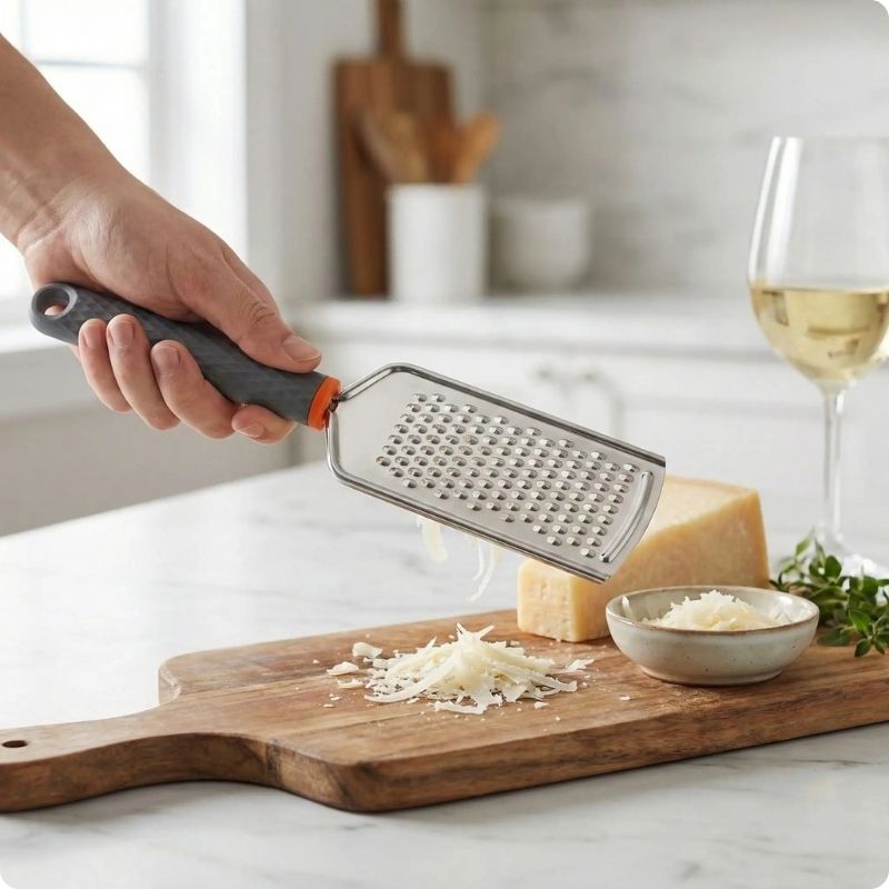râpe à fromage tenue au dessus d'une planche en bois