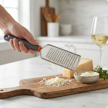 râpe à fromage tenue au dessus d'une planche en bois