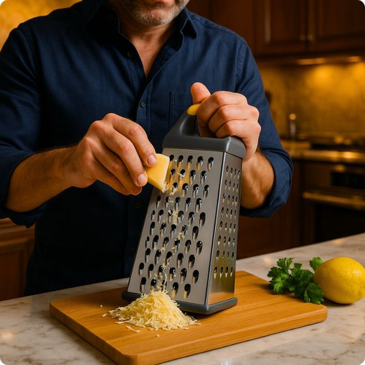 Homme utilisant une râpe à fromage manuelle