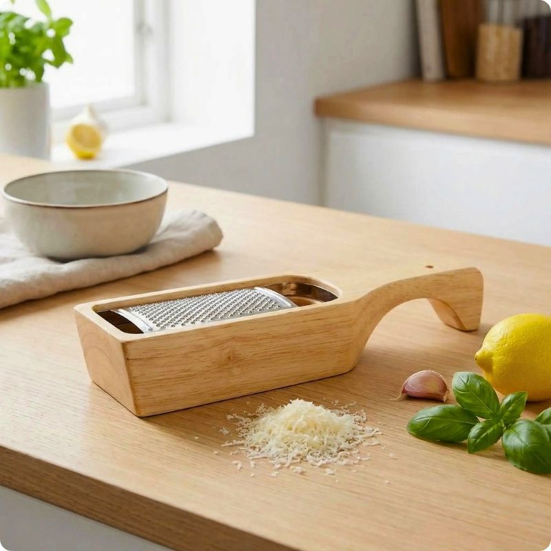 râpe à fromage manuelle grat'ine sur plan à côté tas fromage râpé