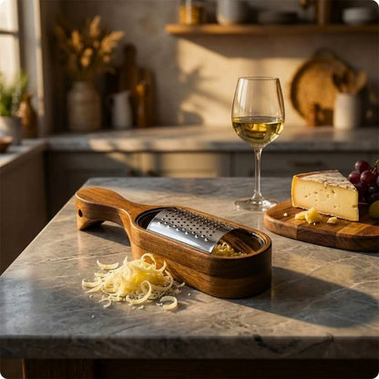 râpe à fromage orig'ine sur plan de travail à côté petit tas de fromage