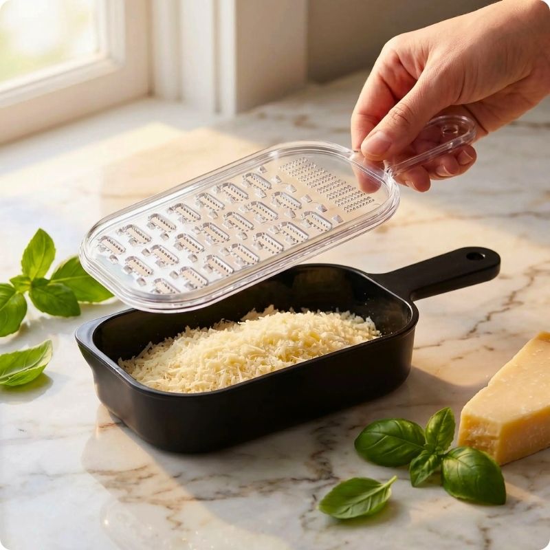 Râpe à fromage recup'ine avec du fromage râpé dans bac