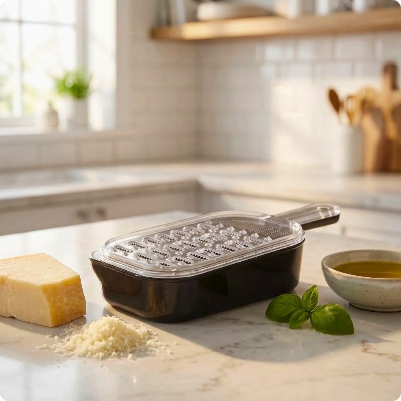 Râpe à fromage recup'ine posée sur table à côté fromage râpé