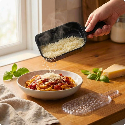 Râpe à fromage recup'ine utilisée pour verser du fromage râpé dans assiette