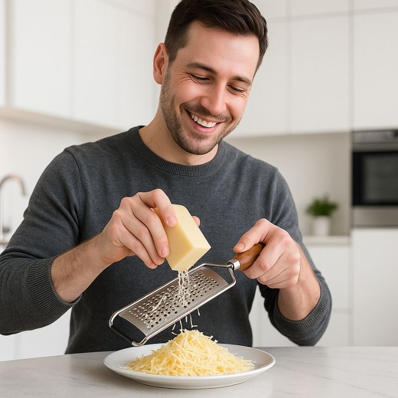 Homme râpant fromage avec rape a fromage