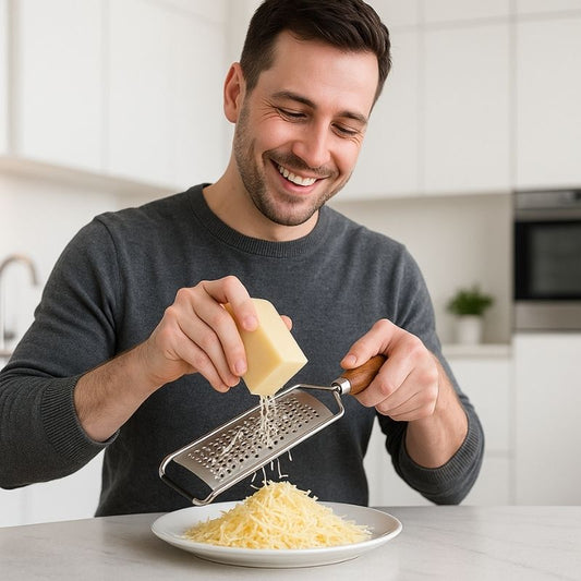 Homme râpant fromage avec rape a fromage