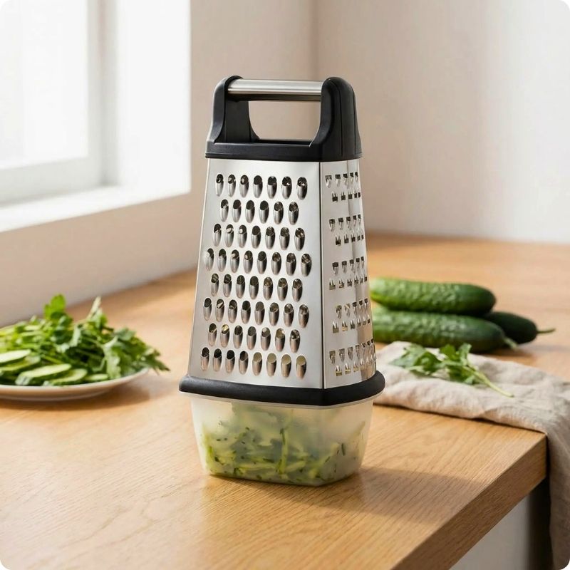 Râpe à légumes bakine sur table avec concombre râpé dans réservoir