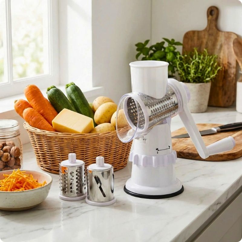 râpe à légumes manuelle chef premium blanche posée sur plan de travail.