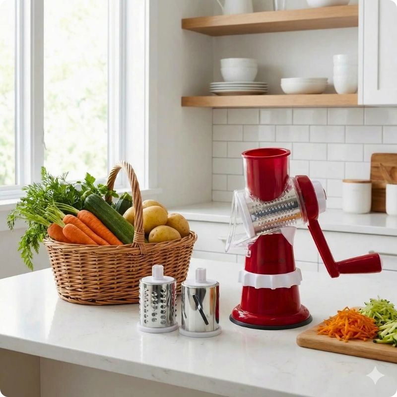 râpe à légumes manuelle chef premium rouge posée sur plan de travail.