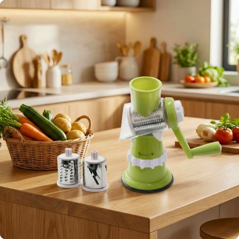 râpe à légumes manuelle chef premium verte posée sur plan de travail.