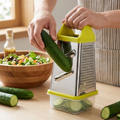 Râpe à légumes manuelle couleur verte utilisée pour trancher du concombre