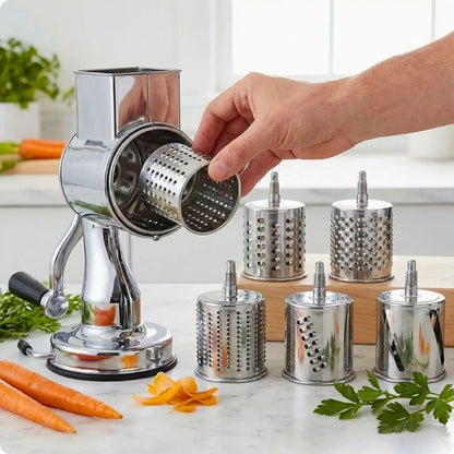 Main mettant dans râpe manuelle pour carottes un rouleau de coupe.