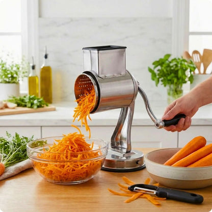Râpe manuelle pour carottes râpant des carottes dans un saladier.