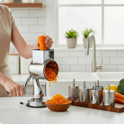 Râpe manuelle pour carottes posée sur plan de travail pour râper des carottes.