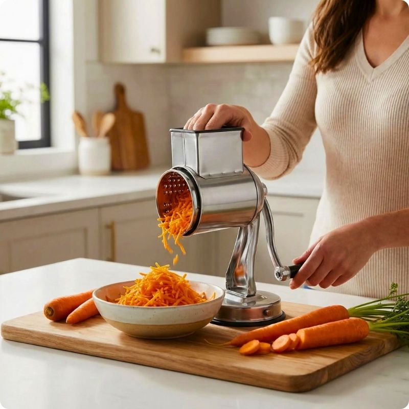 Râpe manuelle pour carottes utilisée par un femme pour râper des carottes.