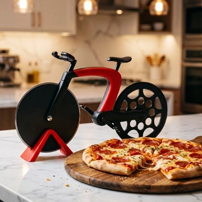 roulette à pizza couleur rouge posé sur une table en cuisine à côté d'une pizz