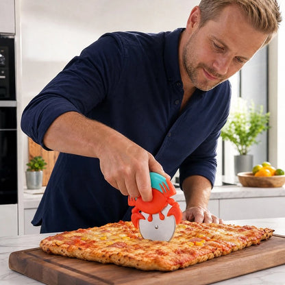 Roulette à pizza crab'ine utilisée par homme pour couper pizza carrée