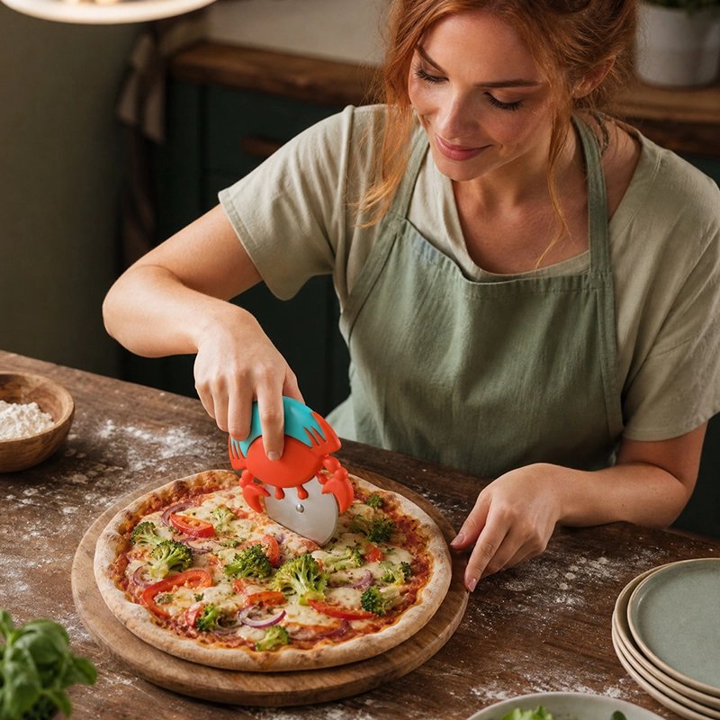 Roulette à pizza crab'ine utilisée par femme pour couper pizza sur plateau