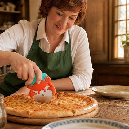 Roulette à pizza crab'ine utilisée par une femme pour couper une pizza