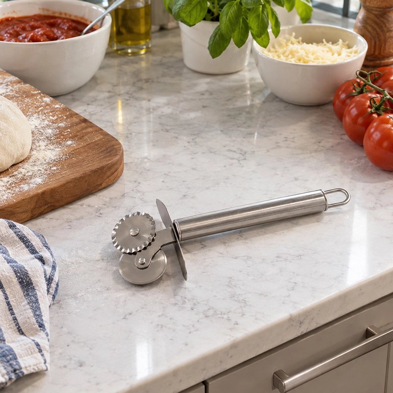 Roulette à pizza double inox'ine posée sur une table de cuisine