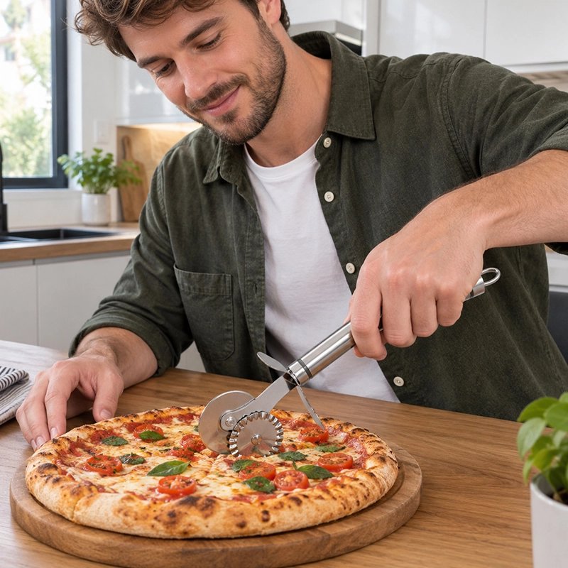 Roulette à pizza double inox'ine utilisée pour découper facilement une pizza