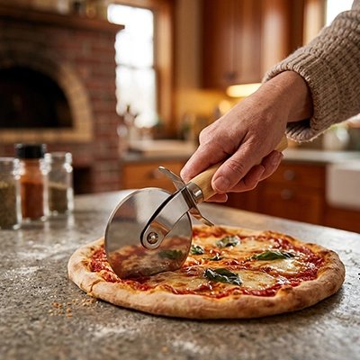 roulette à pizza Pizz'ine coupe pizza sur un plan de travail