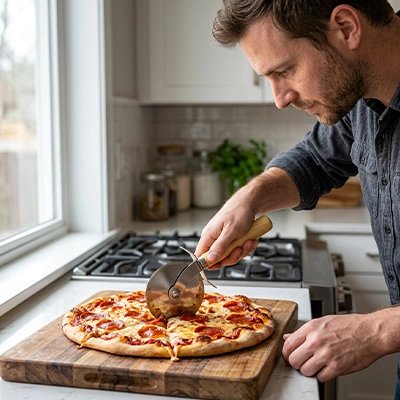 roulette à pizza Pizz'ine utilisé par une homme