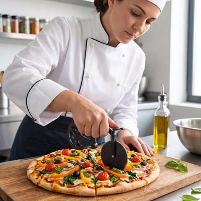roulette à pizza utilisé par une femme en cuisine qui découpe une pizza