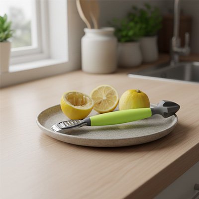 Zesteur posé dans un plat avec des citrons dans une cuisine