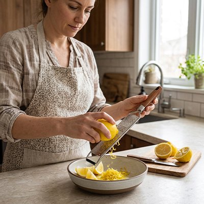 Zesteur utilisé par une femme en cuisine pour zester un citron