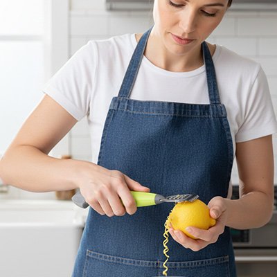 Zesteur utilisé par une femme en cuisine sur un citron
